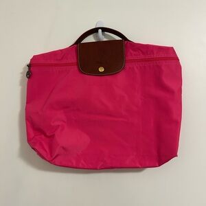 Longchamp Hot Pink Nylon Tote with Brown Leather Trim